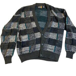 Sasson Mens Cardigan Sweater Large Vintage Acrylic Button-Up In Geometric Patter
